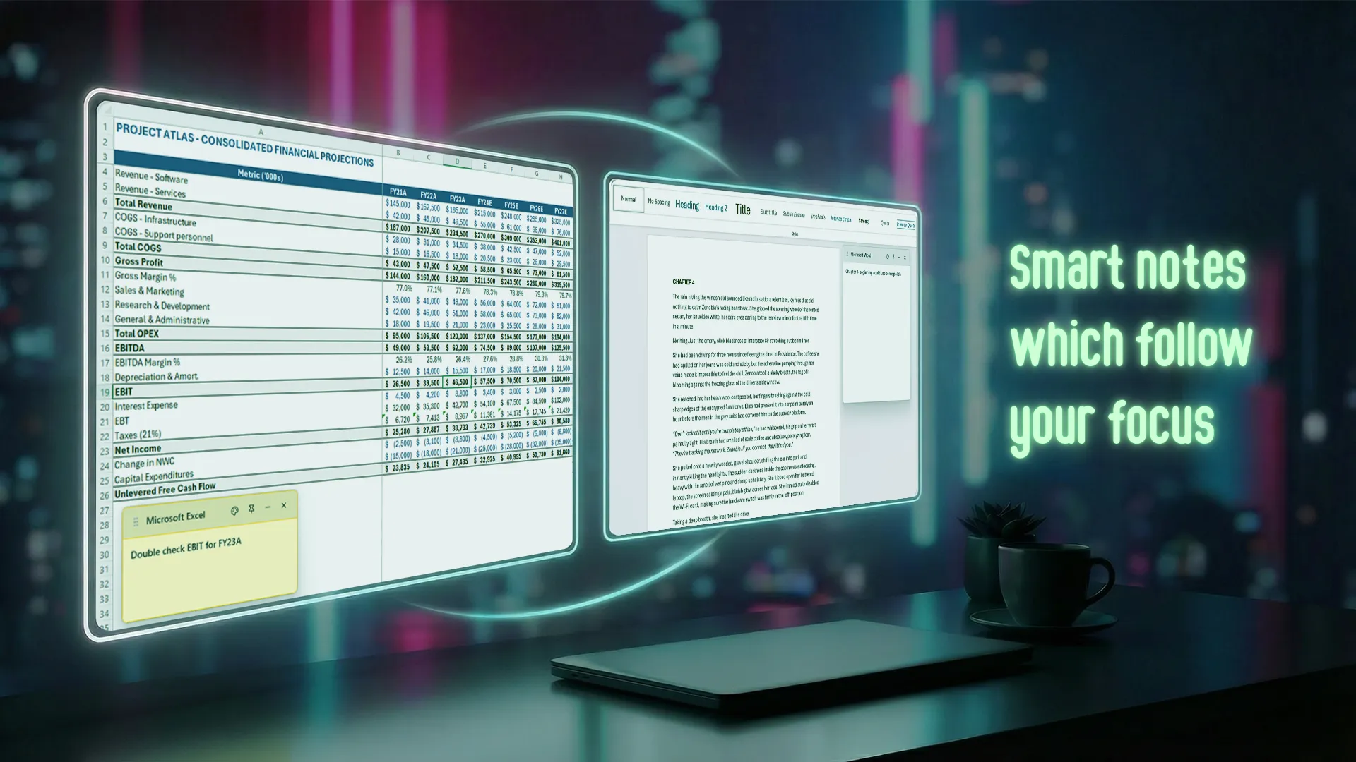 GeniusNotes on Windows 11: a yellow sticky note attached to Microsoft Excel and a second note attached to Word, each shown only while its app is active