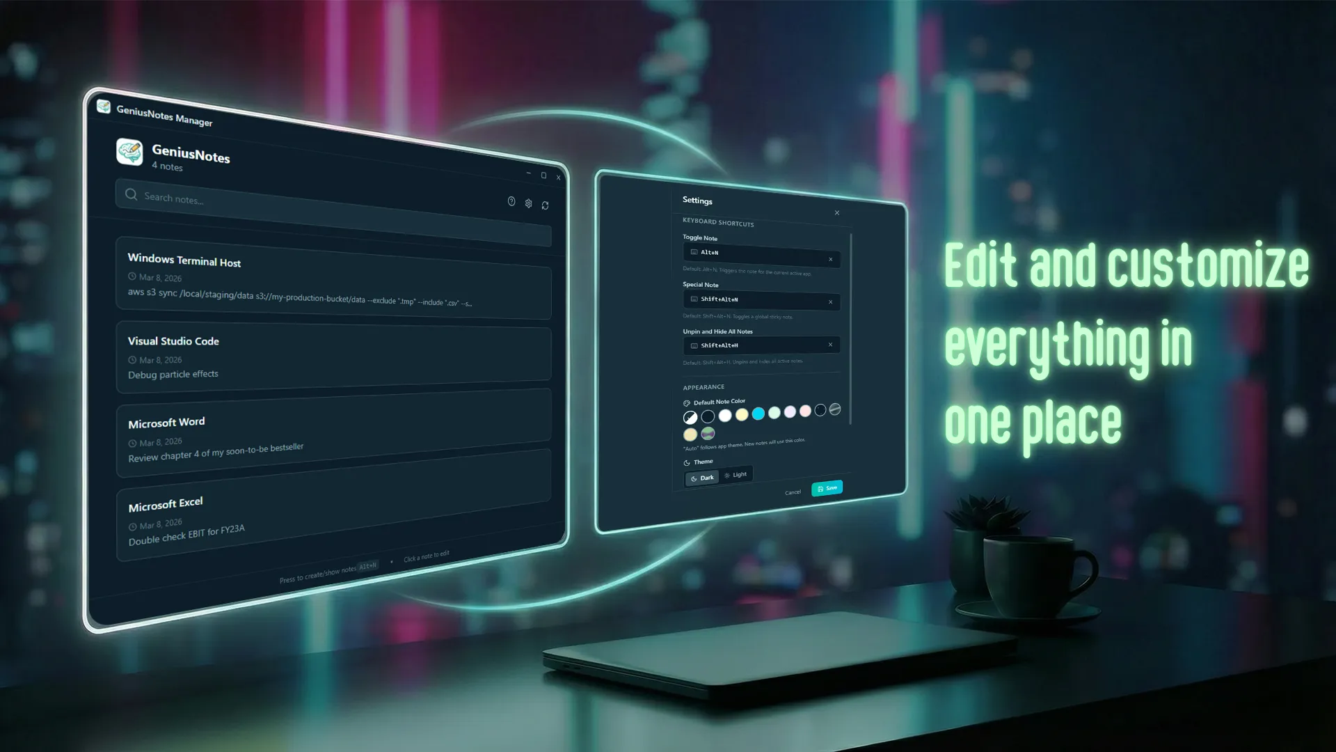GeniusNotes Manager listing one note per app (Windows Terminal, Visual Studio Code, Word, Excel) next to the settings panel for shortcuts, note colours and theme