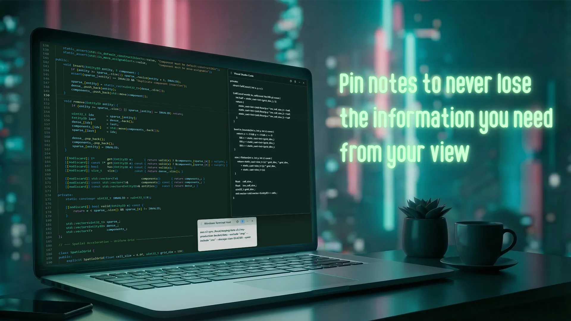 A pinned GeniusNotes sticky note staying on top of Visual Studio Code, with a second note holding a Windows Terminal command